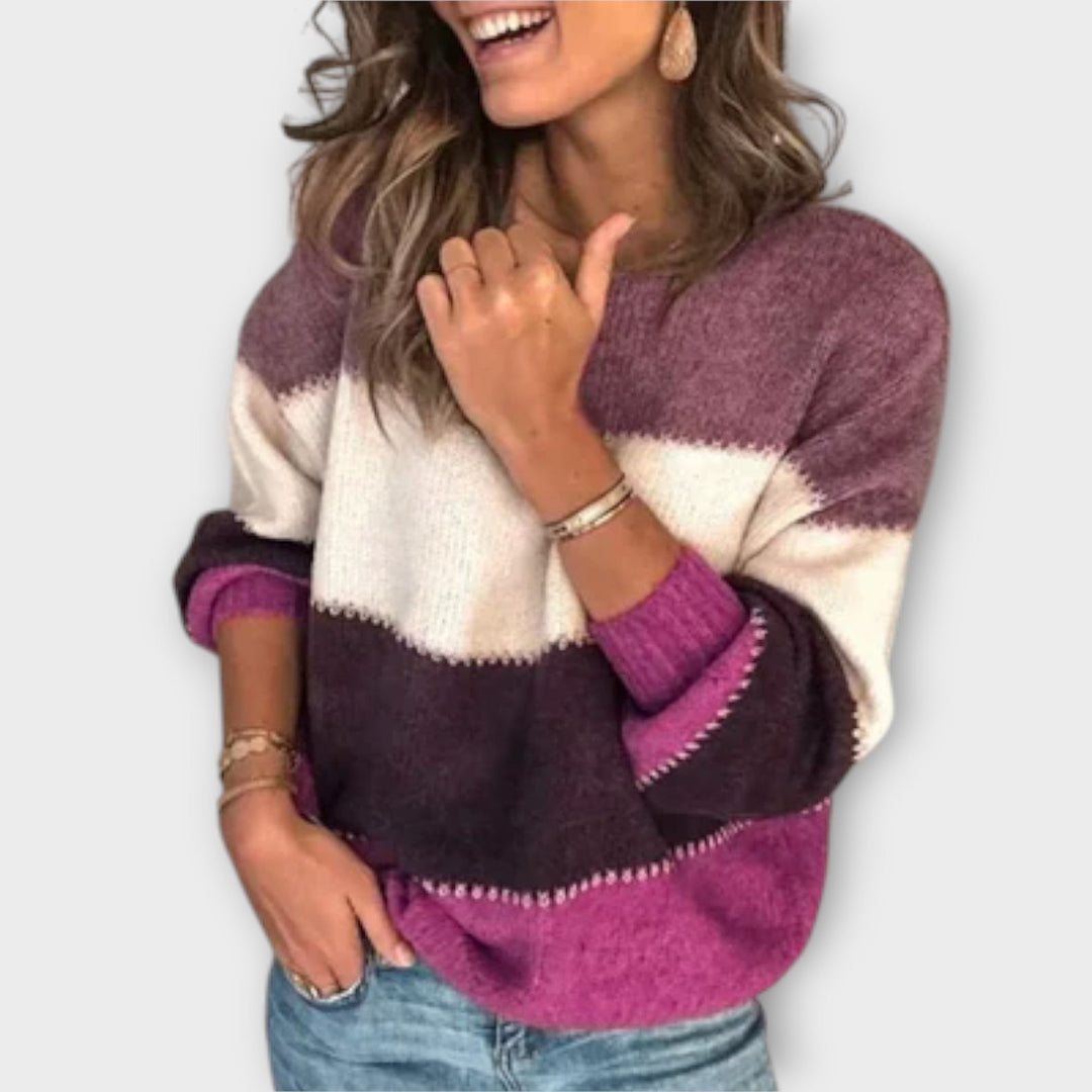 Elisa - Kuschelpullover in Oliv-Crème mit Blockfarben