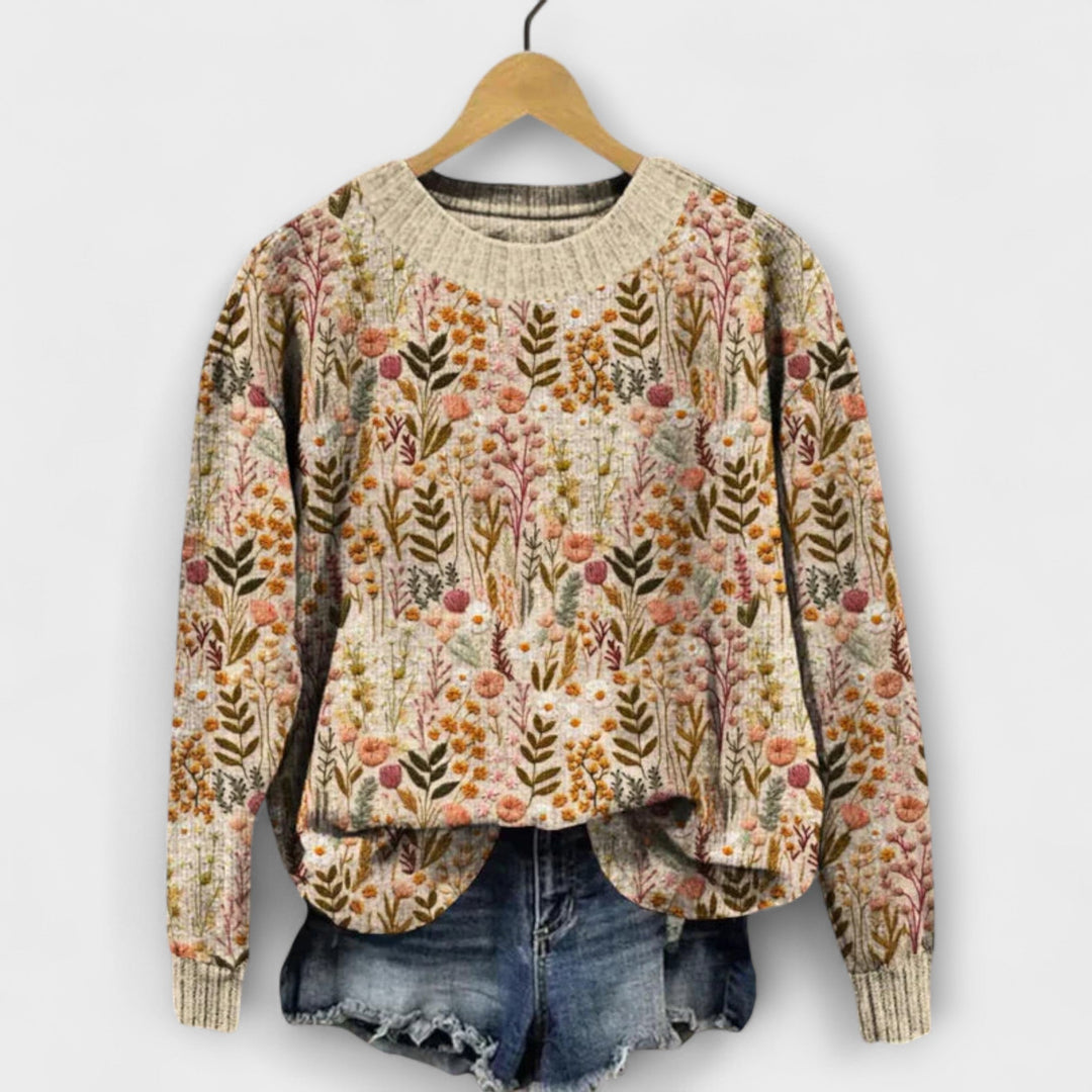 Tina - Beiger Pullover mit floralem Muster