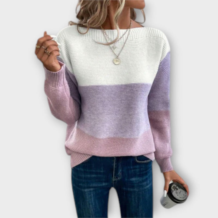 Clara - Eleganter Patchwork-Pullover in Grün und Weiß