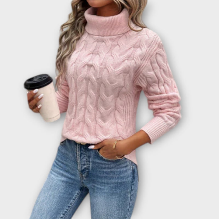 Amelia - Eleganter Pullover mit Rollkragen in Rosa mit Zopfmuster