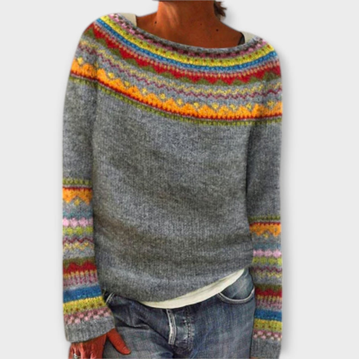 Suzu - Vintage Pullover in Grau mit buntem norwegischem Muster