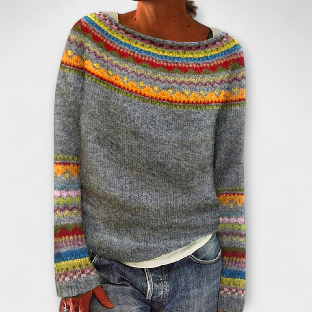 Kirra - Retro-Grauer Strickpullover mit norwegischem Muster