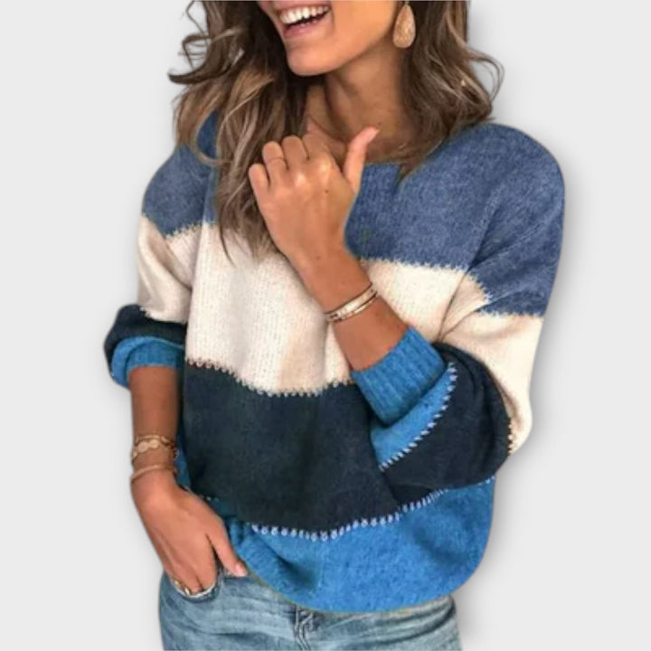 Elisa - Kuschelpullover in Oliv-Crème mit Blockfarben