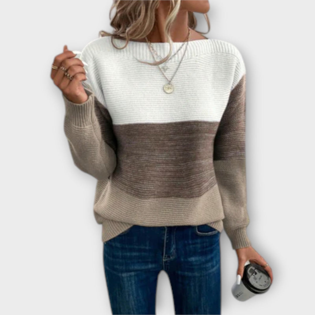 Clara - Eleganter Patchwork-Pullover in Grün und Weiß