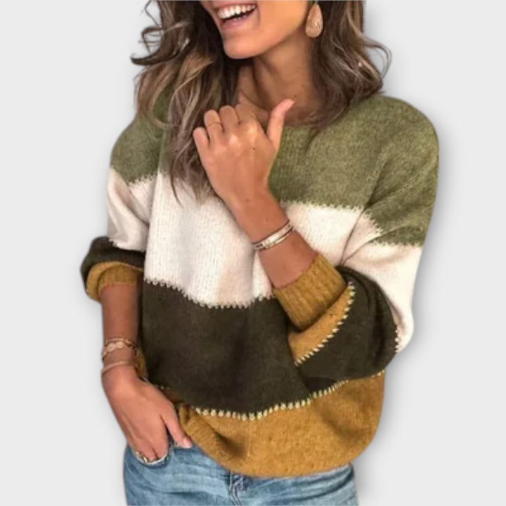 Elisa - Kuschelpullover in Oliv-Crème mit Blockfarben