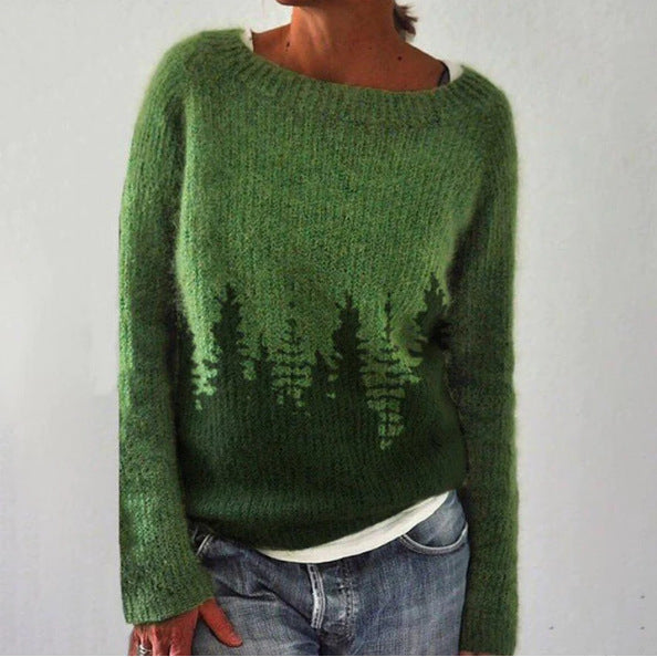 Veronika - Kuscheliger Pulli in Petrol mit Tannenbaum-Muster