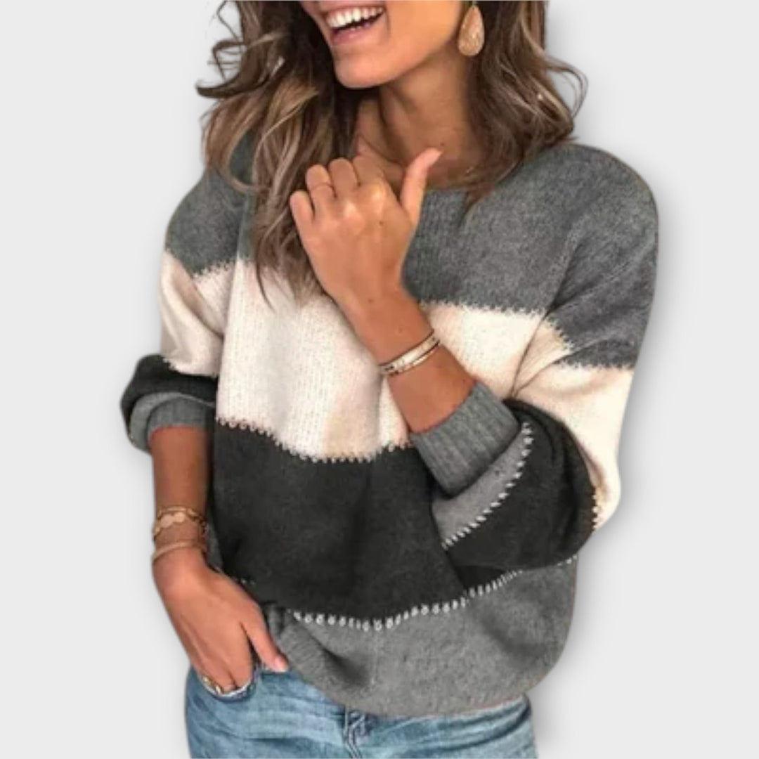 Elisa - Kuschelpullover in Oliv-Crème mit Blockfarben