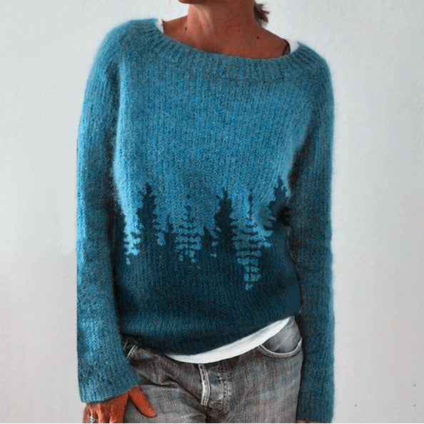 Veronika - Kuscheliger Pulli in Petrol mit Tannenbaum-Muster