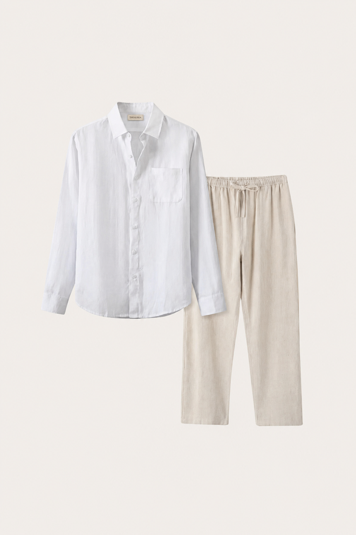 Set aus Leinen in Weiß/Beige
