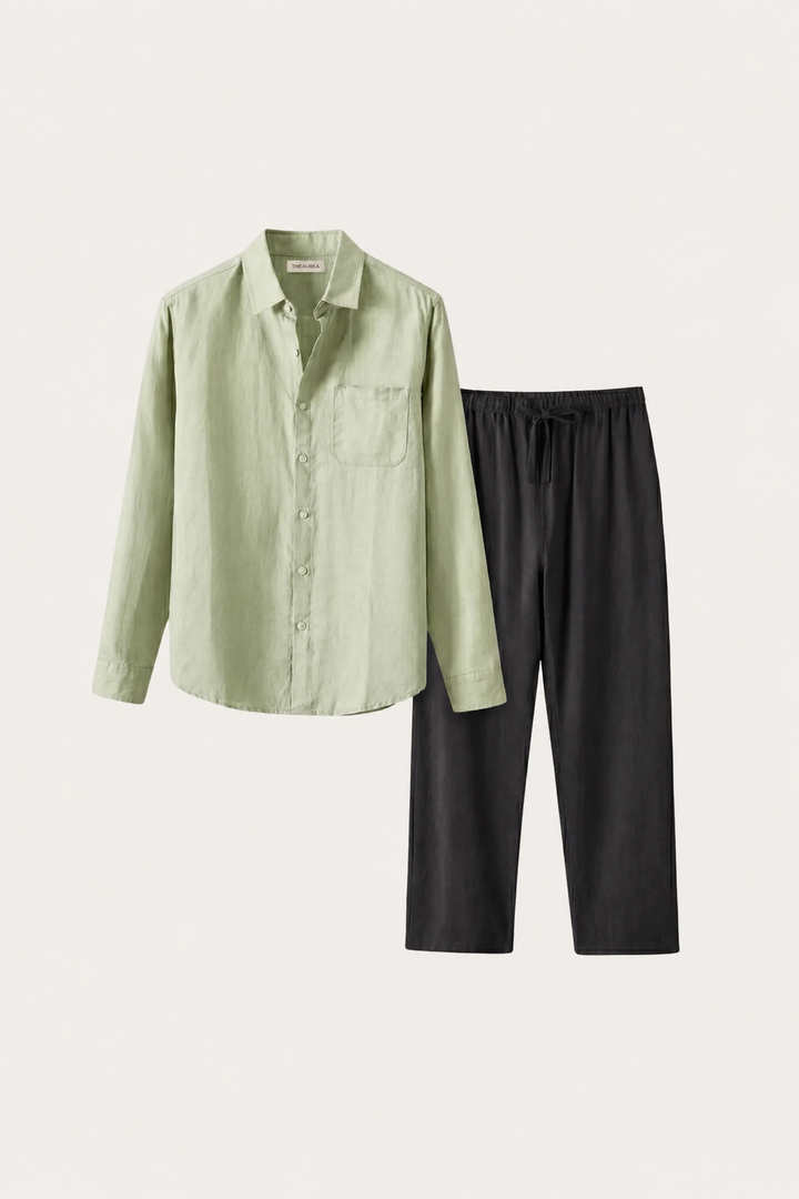 Set aus Leinen in Mintgrün/Schwarz mit langen Ärmeln