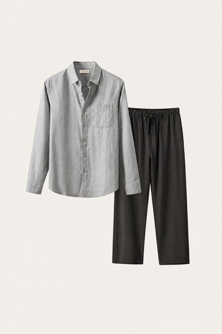 Set aus Leinen in Grau/Schwarz