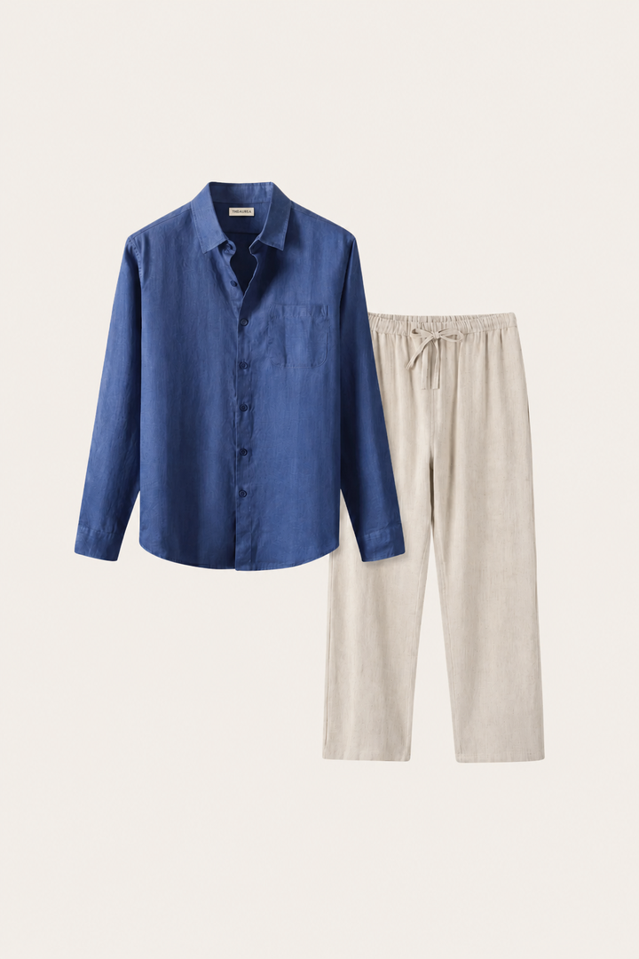 Set aus Leinen in Blau/Beige mit langen Ärmeln
