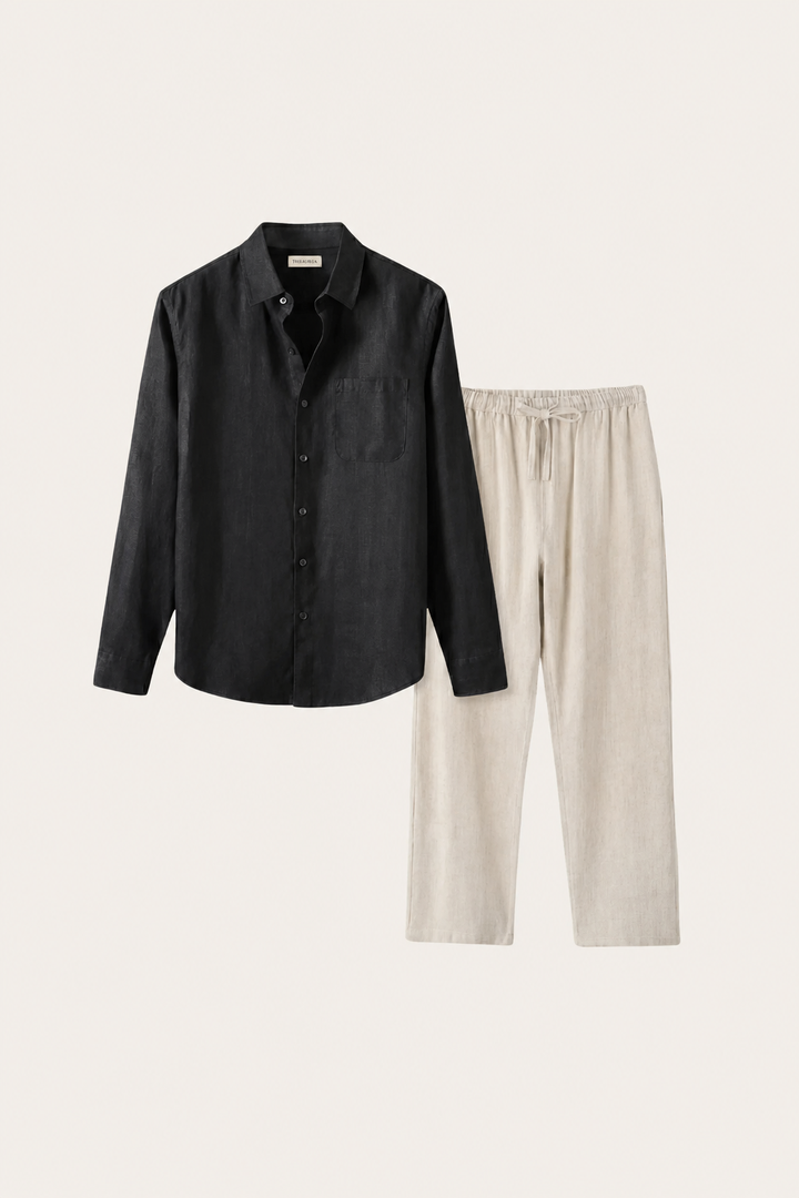 Set aus Leinen in Schwarz/Beige mit langen Ärmeln