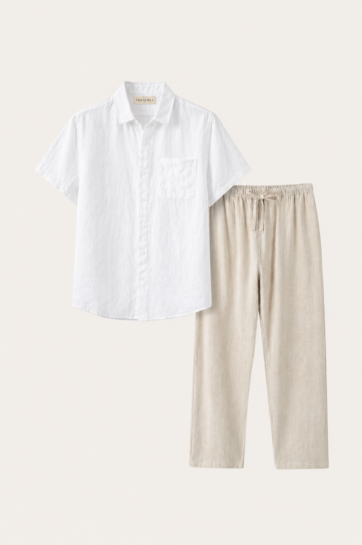 Set aus Leinen in Weiß/Beige