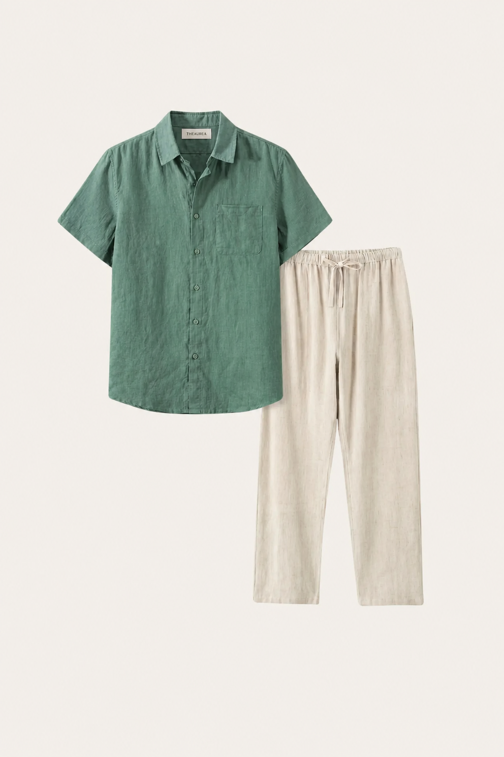 Set aus Leinen in Grün/Beige