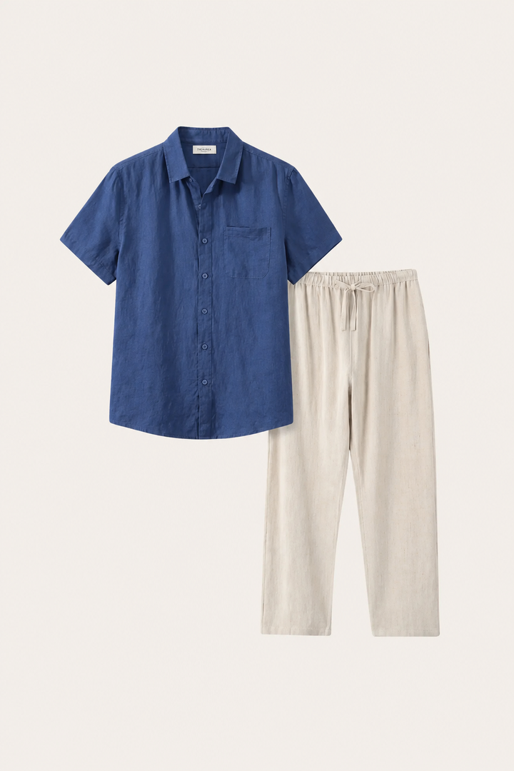 Set aus Leinen Trento Blau/Beige