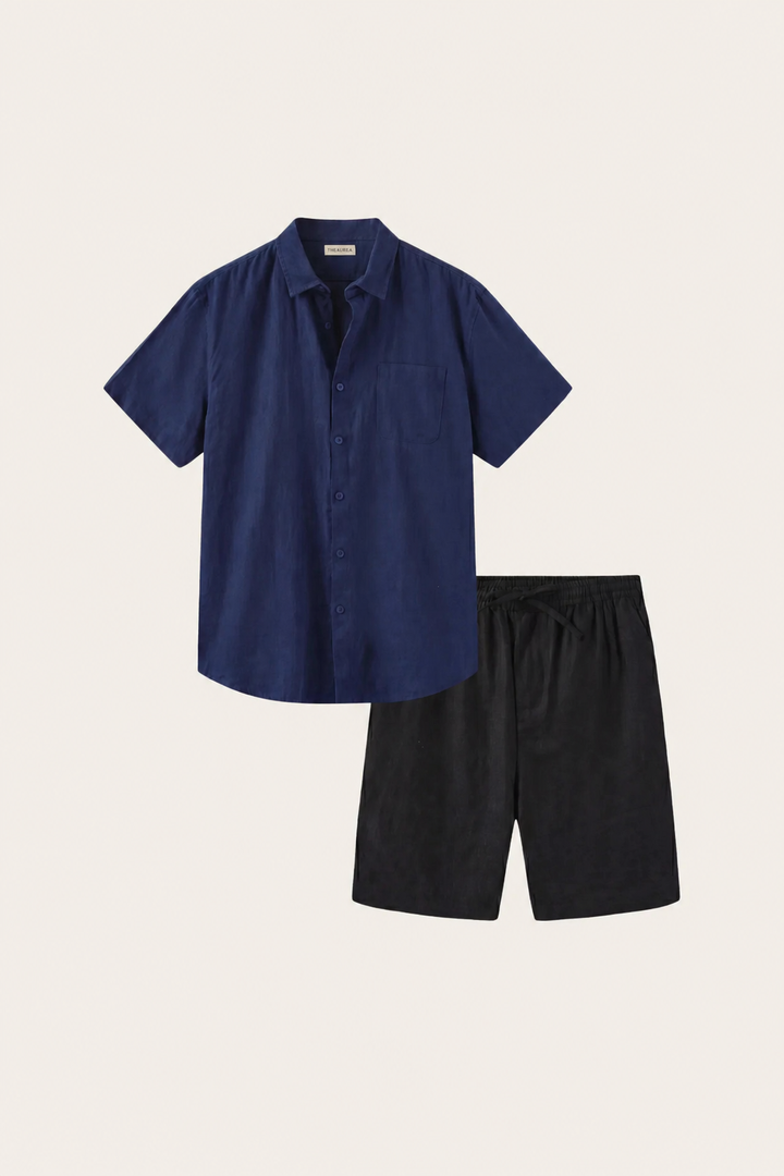 Hemd und Shorts aus Leinen Verona Blau/Schwarz