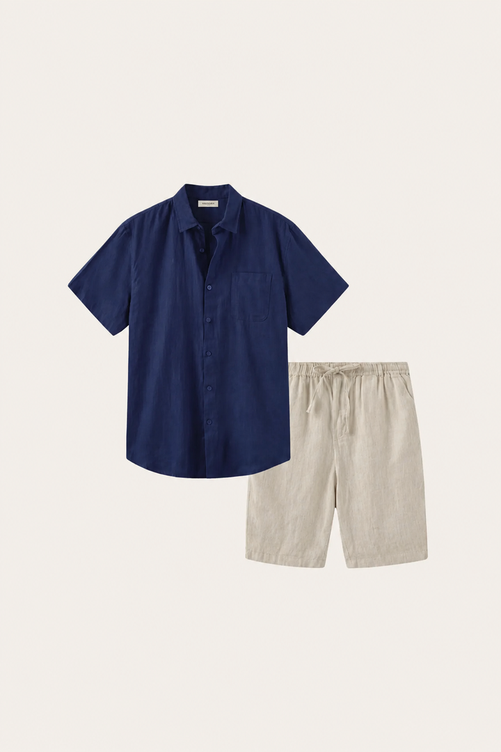 Hemd und Shorts aus Leinen Verona Blau/Natur