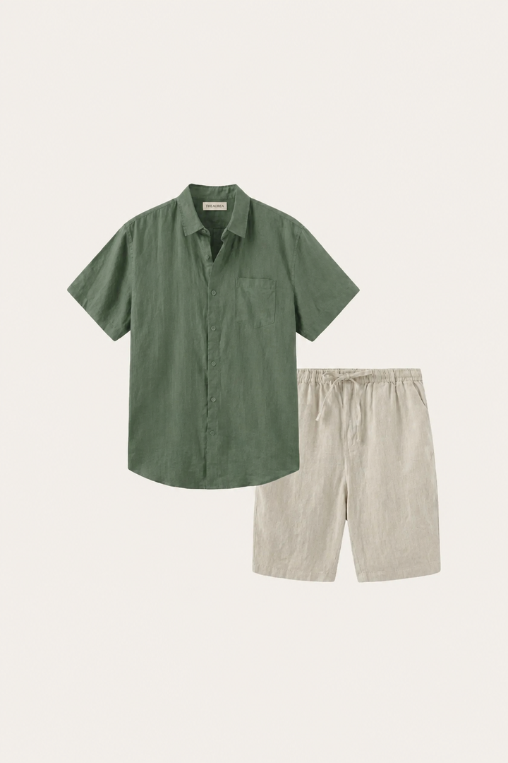 Leinenhemd und Shorts Verona Grün/Beige
