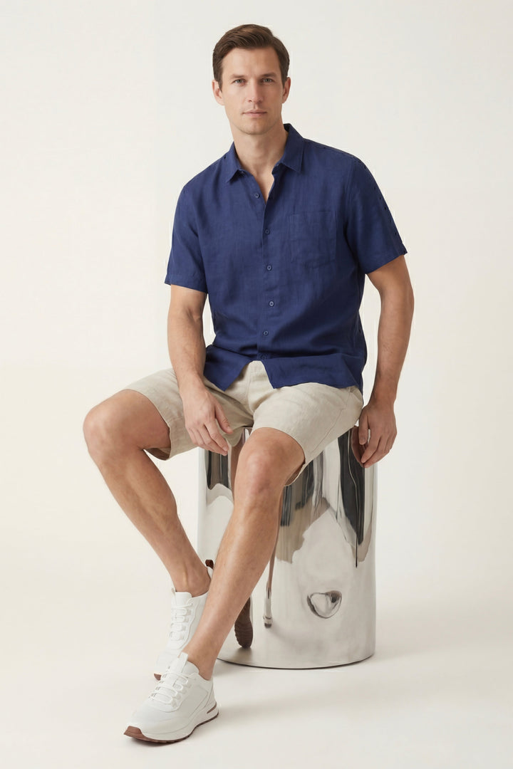 Hemd und Shorts aus Leinen Verona Blau/Natur