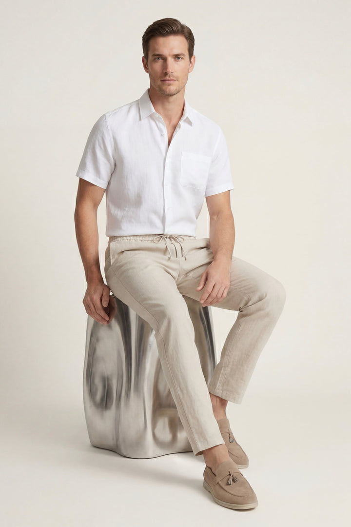 Set aus Leinen in Weiß/Beige