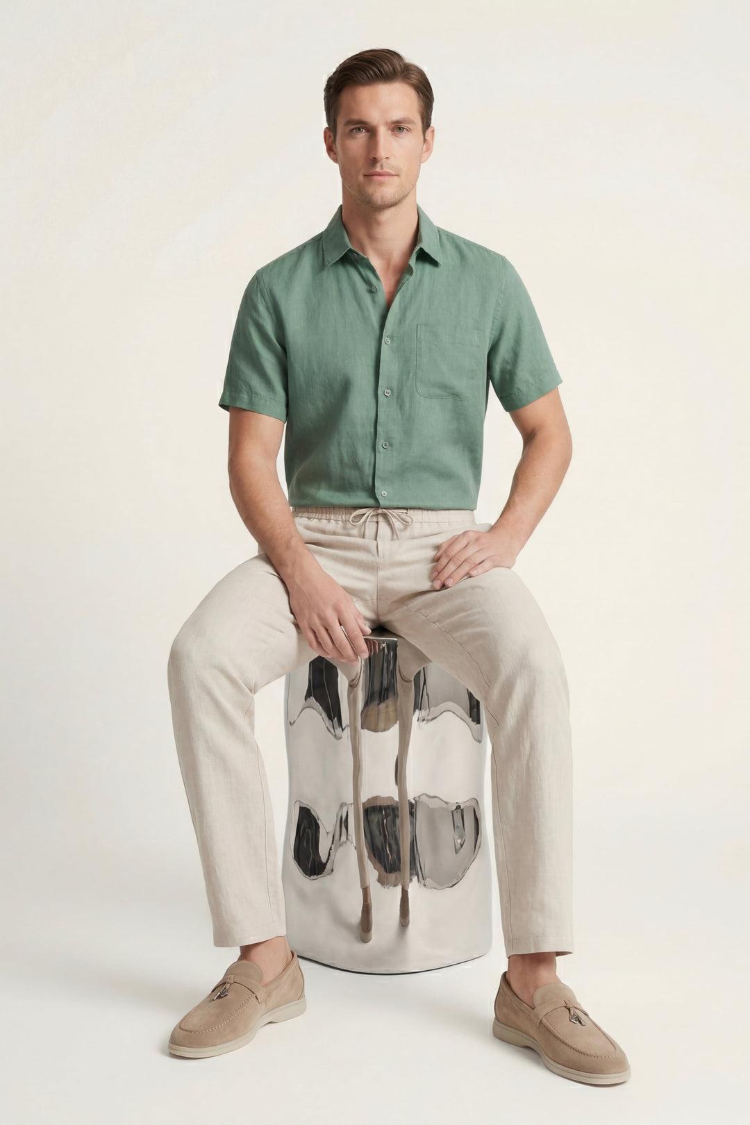 Set aus Leinen in Grün/Beige