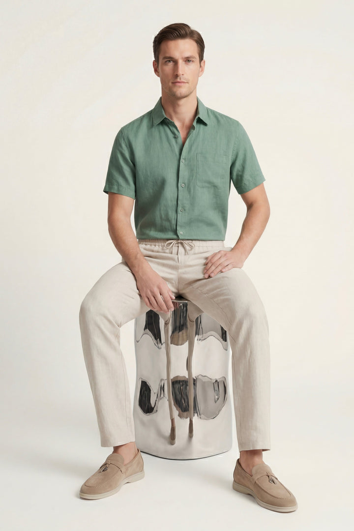 Set aus Leinen in Grün/Beige