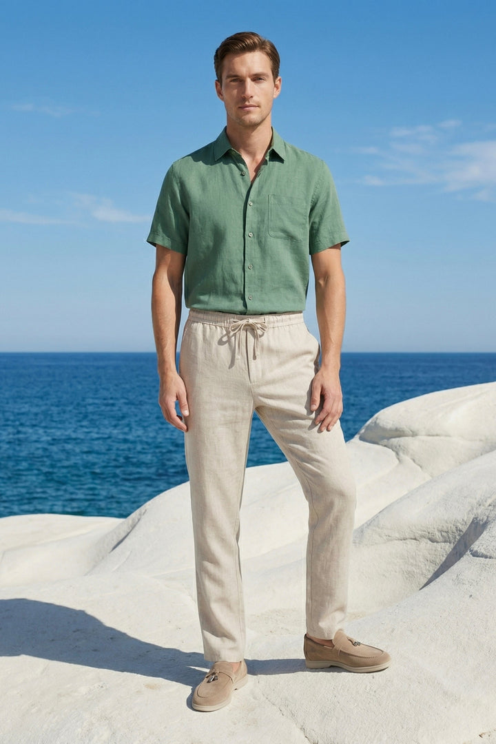 Set aus Leinen in Grün/Beige