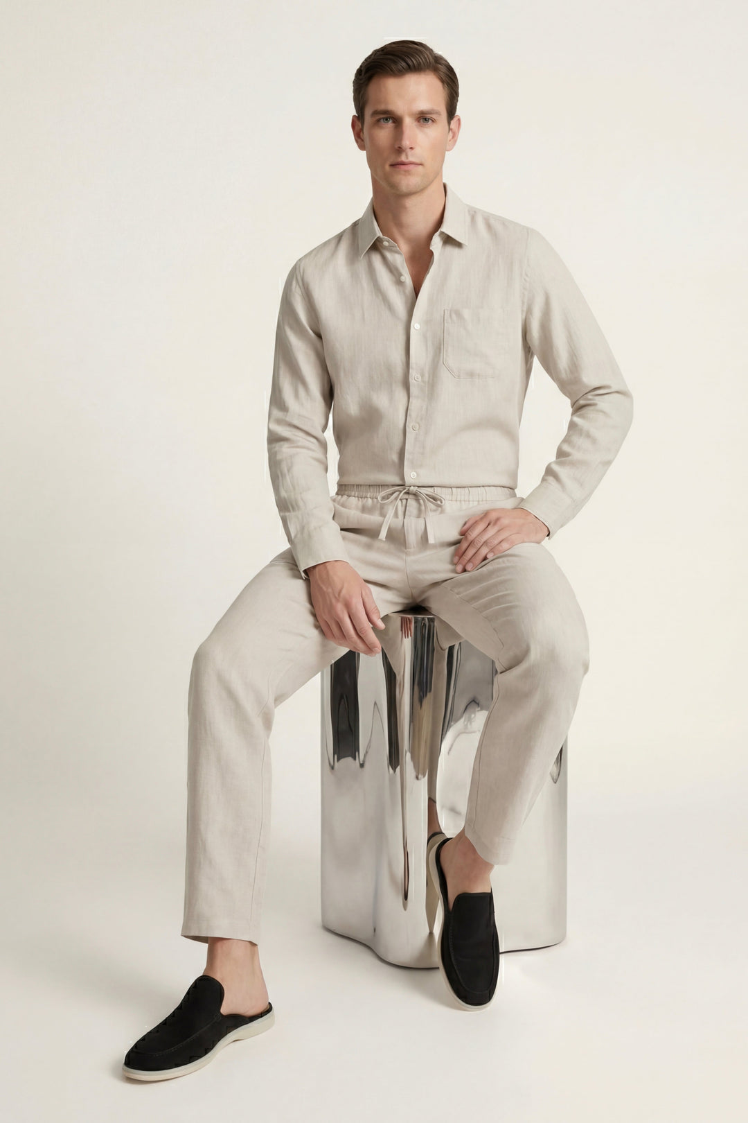 Set aus Leinen in Beige/Beige