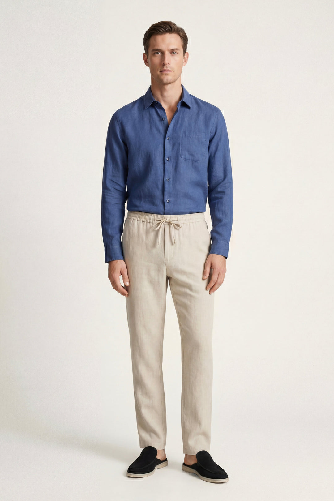 Set aus Leinen in Blau/Beige mit langen Ärmeln