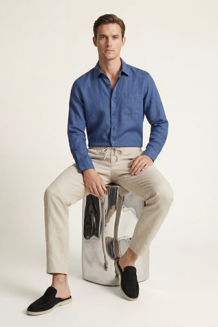Set aus Leinen in Blau/Beige mit langen Ärmeln