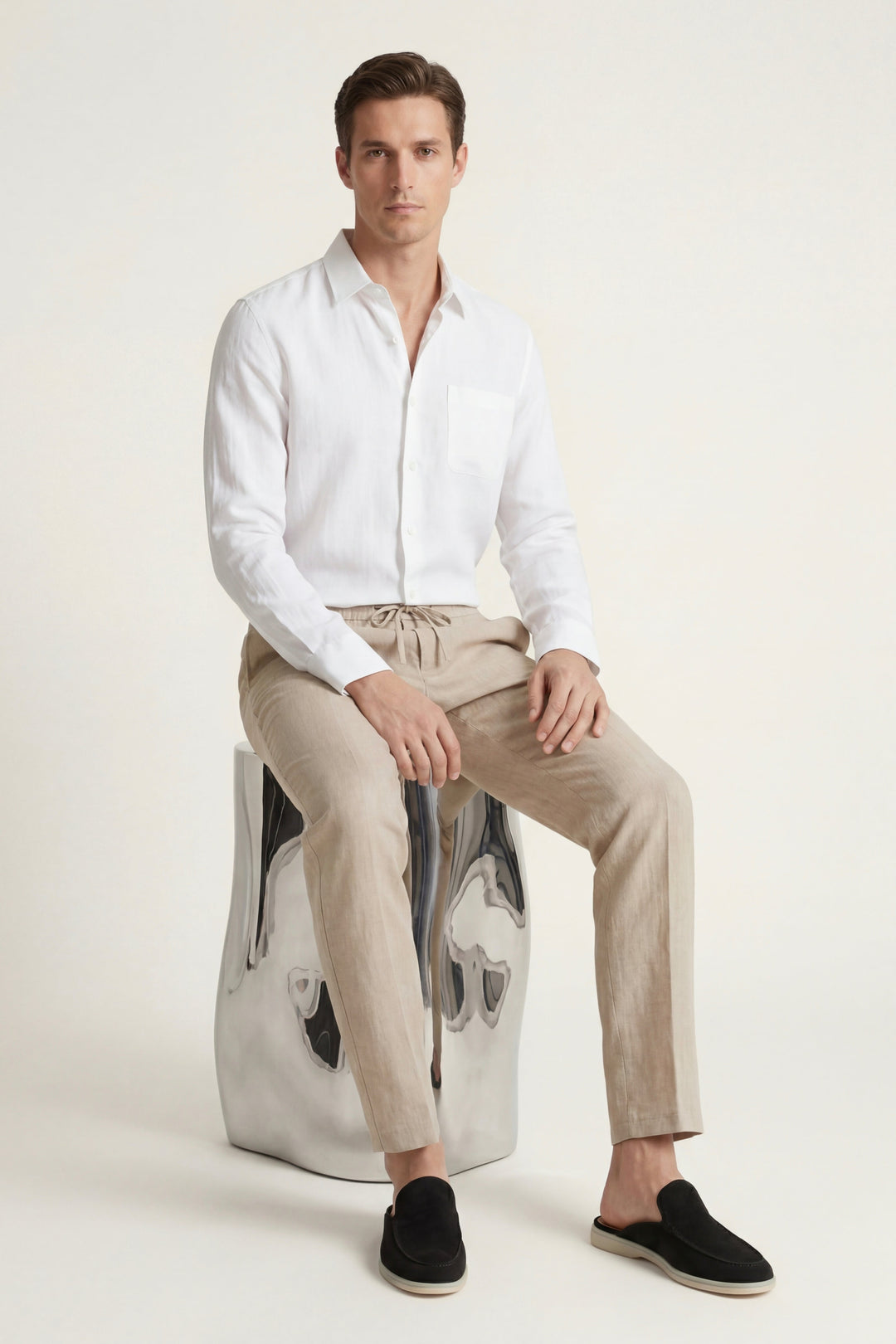 Set aus Leinen in Weiß/Beige