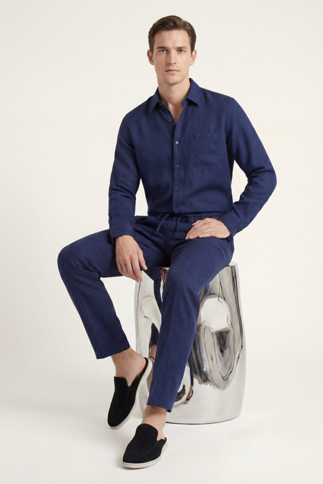 Set aus Leinen Bellagio Langarm Blau Navy