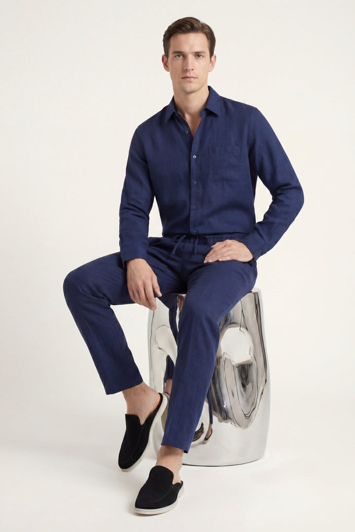 Set aus Leinen Bellagio Langarm Blau Navy