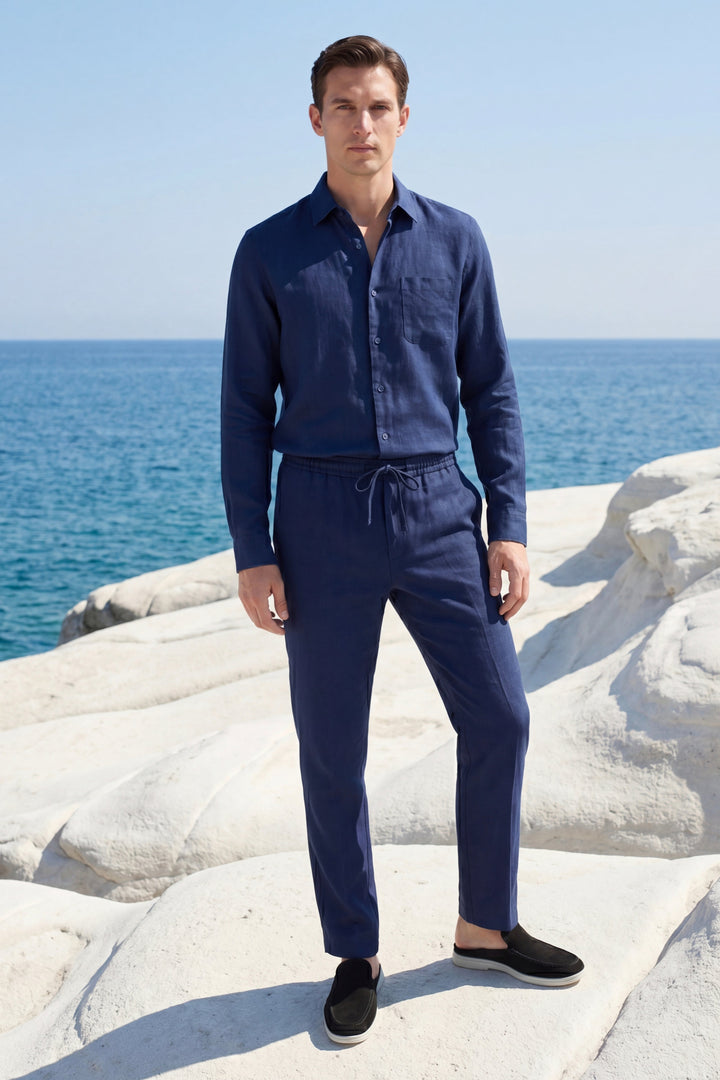 Set aus Leinen Bellagio Langarm Blau Navy