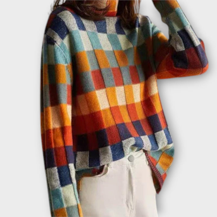 Erika - Pullover mit buntem Patchworkdesign und Karomuster