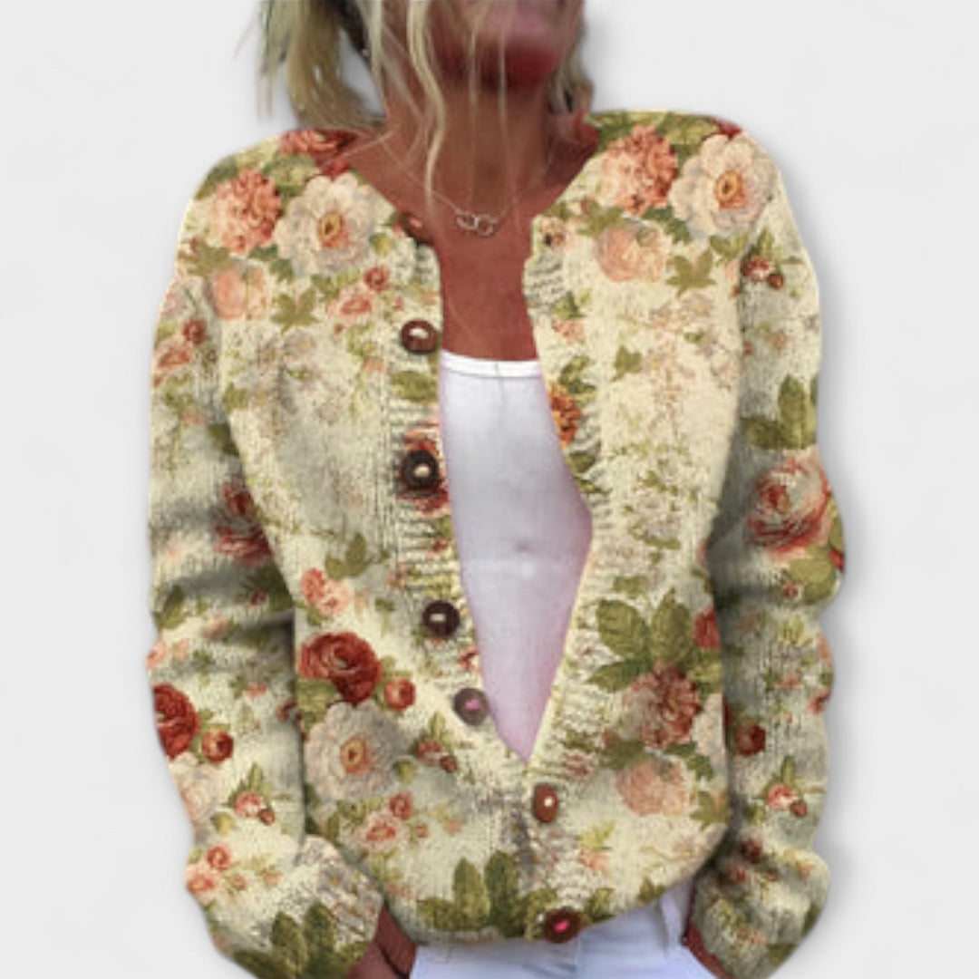 Leona - Cardigan crème mit Blumenwiesenmuster