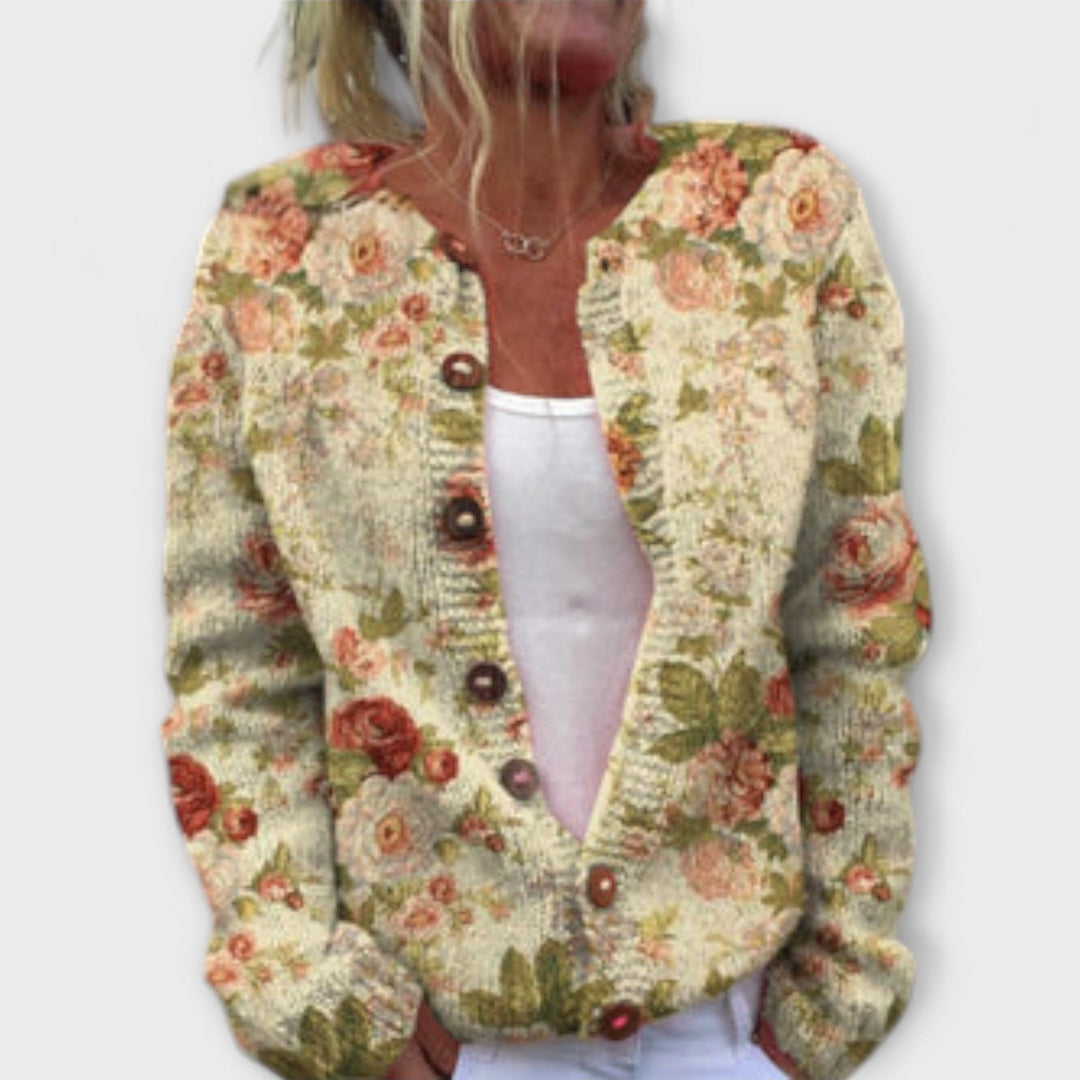 Leya - Beiger Strickcardigan mit floralem Design