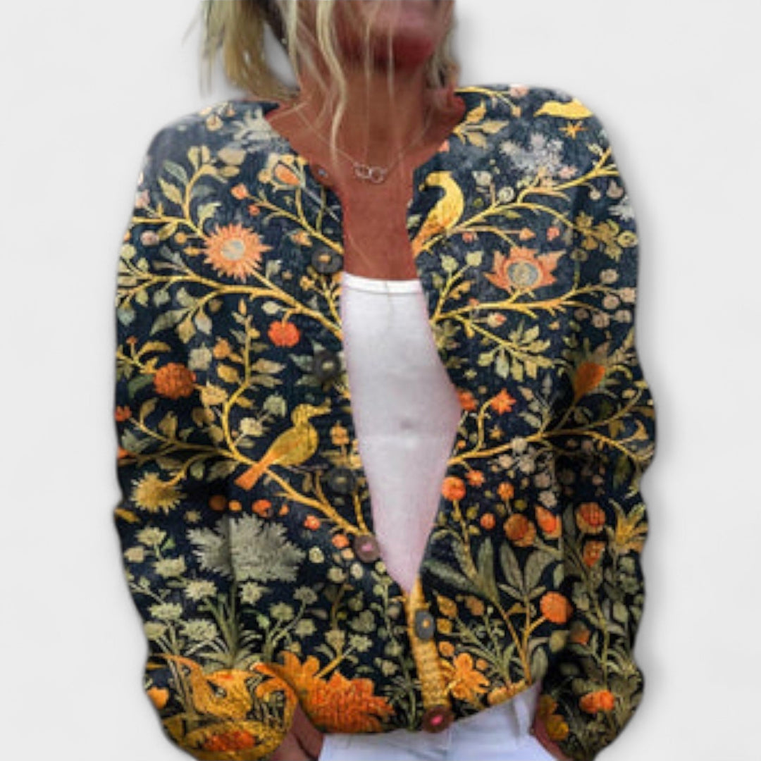 Ylvi - Dunkelblauer Cardigan mit floralem Muster und Vogelmotiv