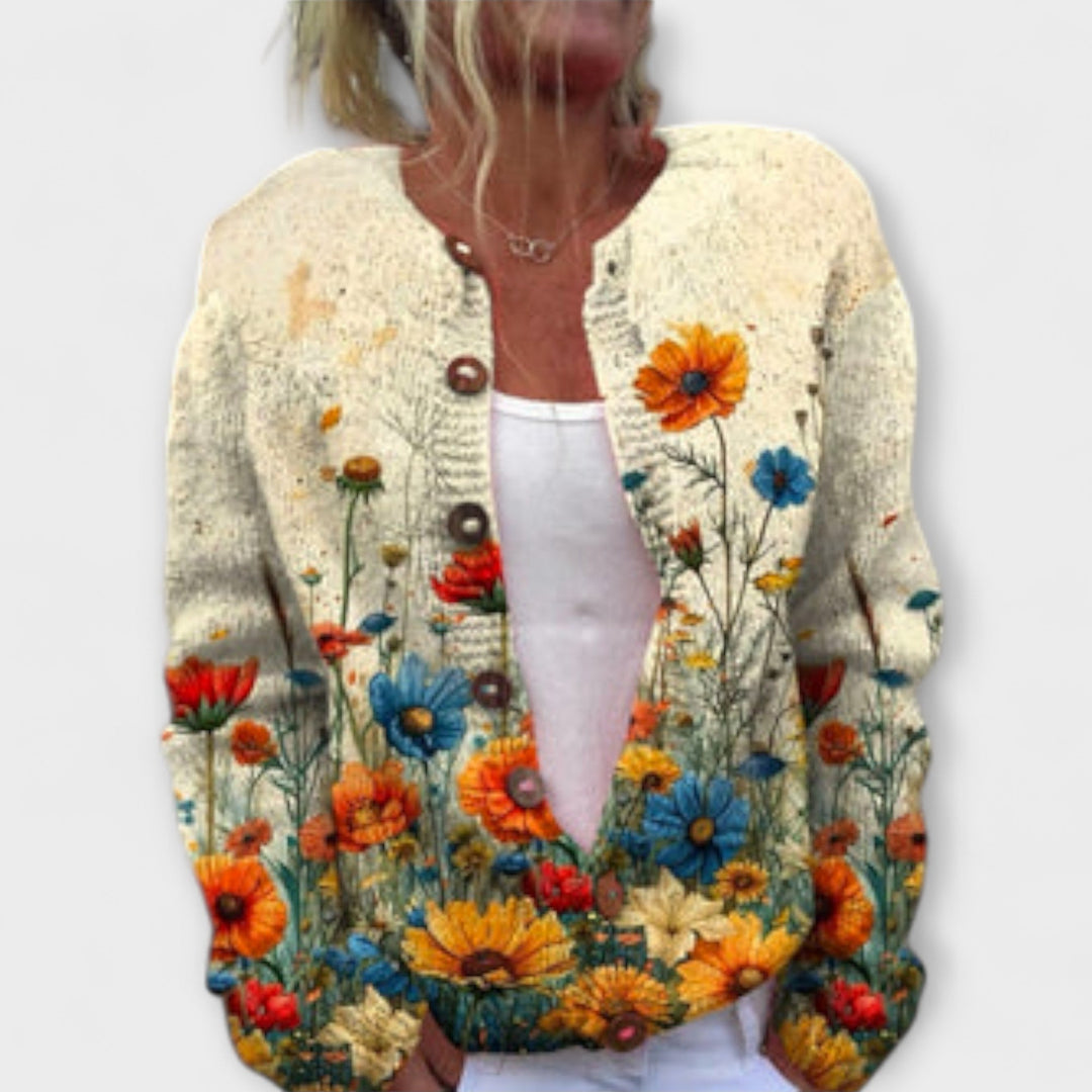 Nalea - Strickjacke in Cremefarbe mit Wildblumen