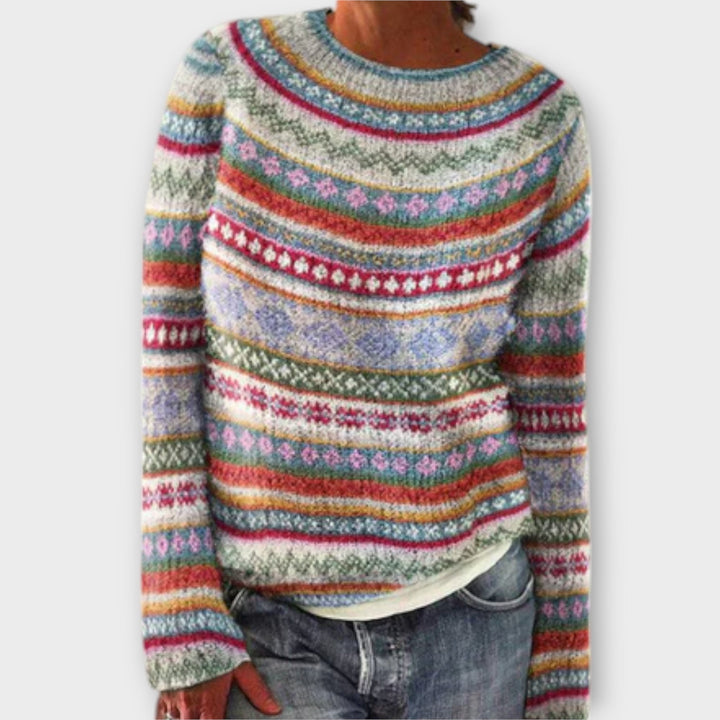 Suzu - Vintage Pullover in Grau mit buntem norwegischem Muster