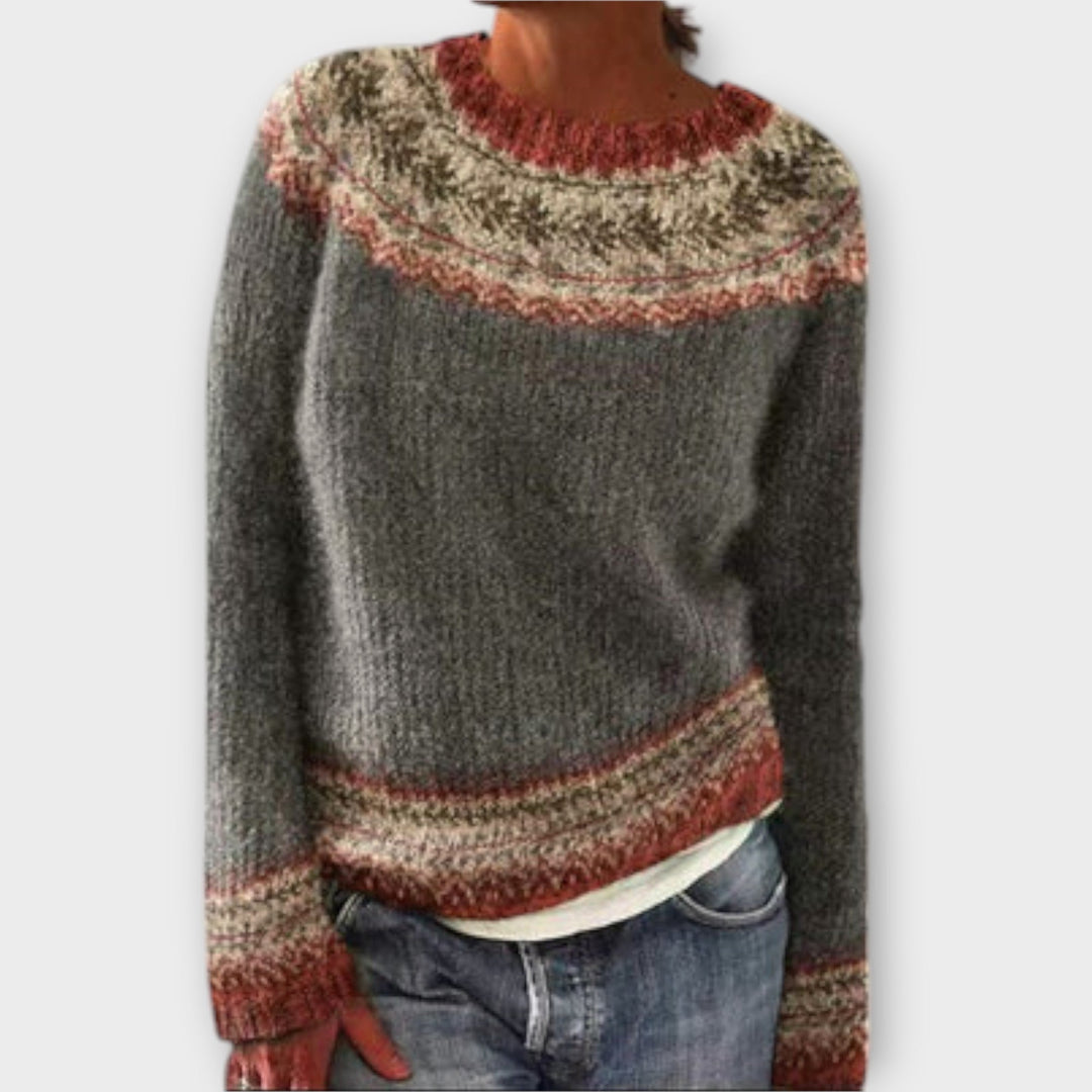 Suzu - Vintage Pullover in Grau mit buntem norwegischem Muster