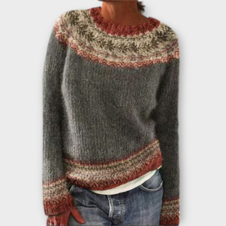 Suzu - Vintage Pullover in Grau mit buntem norwegischem Muster