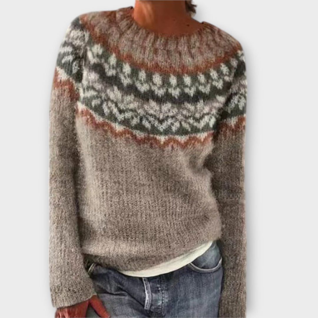 Suzu - Vintage Pullover in Grau mit buntem norwegischem Muster