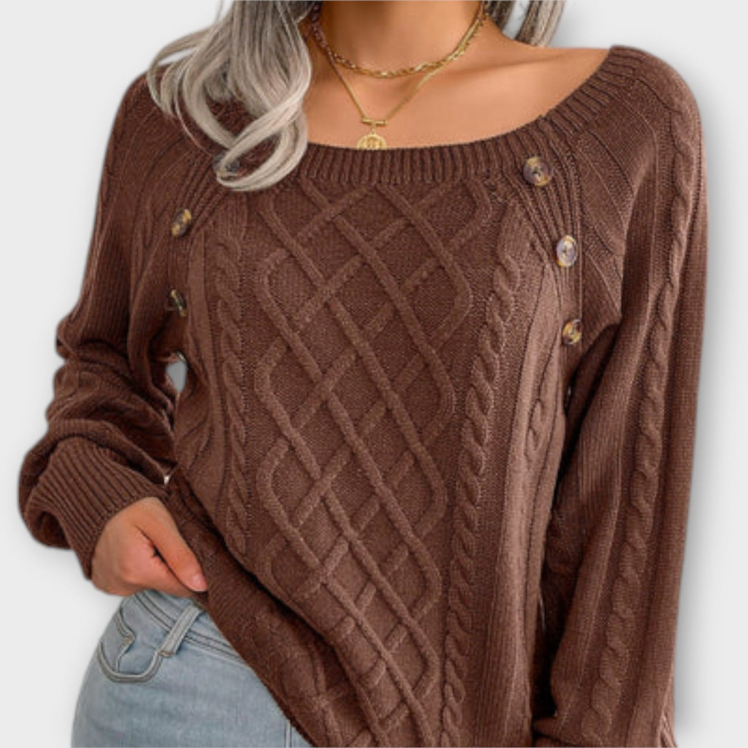 Malia - Dunkelgrauer Pullover mit Knöpfen und Zopfmuster