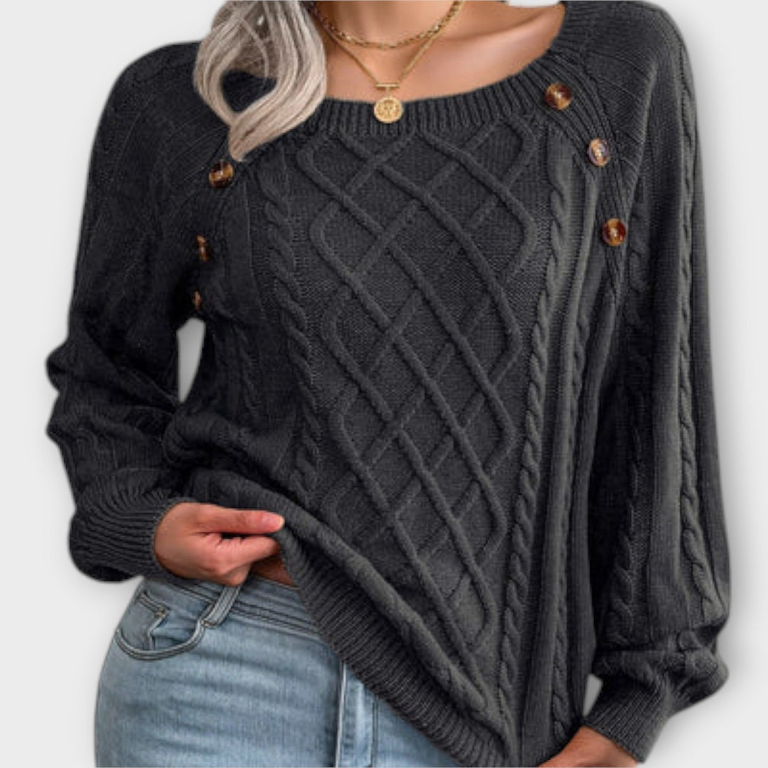 Malia - Dunkelgrauer Pullover mit Knöpfen und Zopfmuster