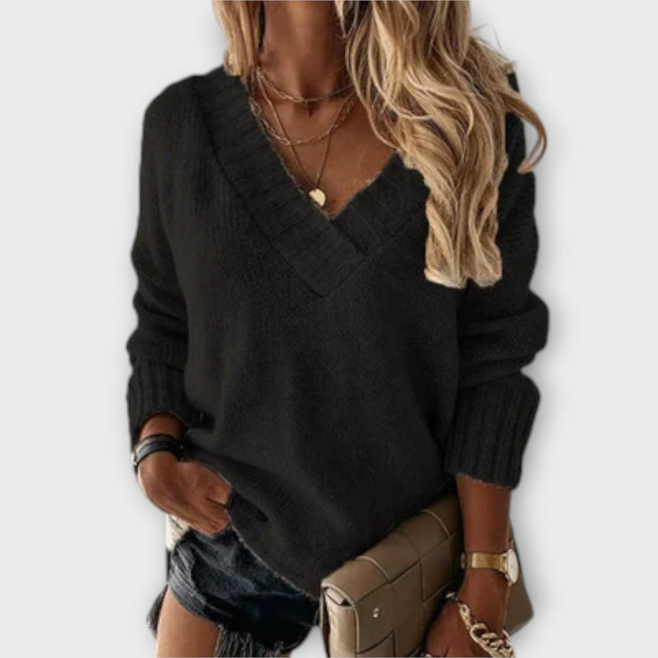 Jane - Bequemer schwarzer Pullover mit V-Ausschnitt