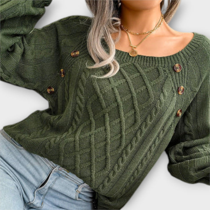 Malia - Dunkelgrauer Pullover mit Knöpfen und Zopfmuster