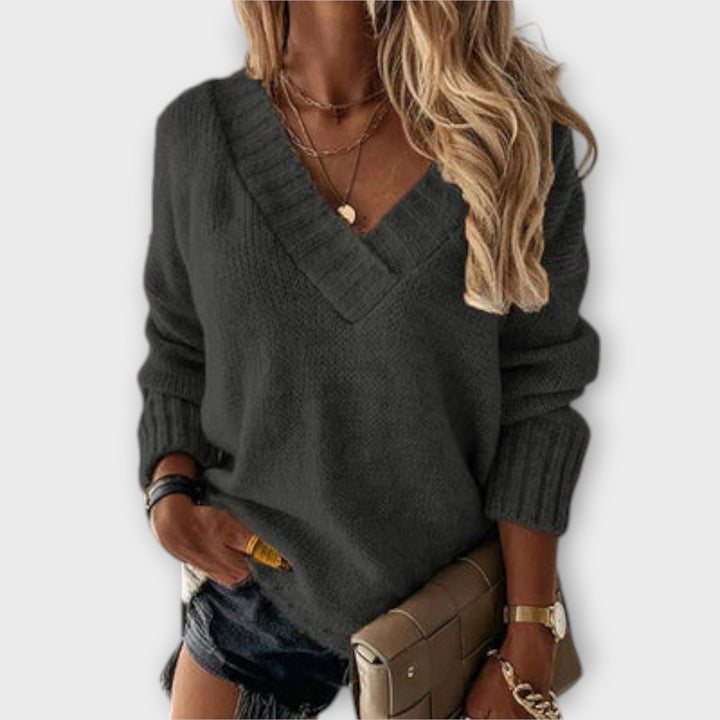 Jane - Bequemer schwarzer Pullover mit V-Ausschnitt