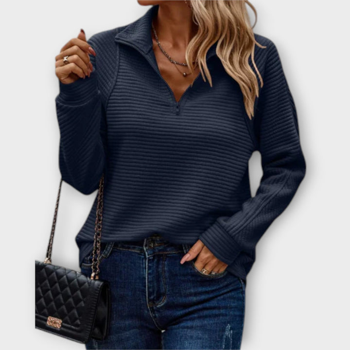 Vilja - Pullover mit halbem Reißverschluss in Rosa mit Rippmuster